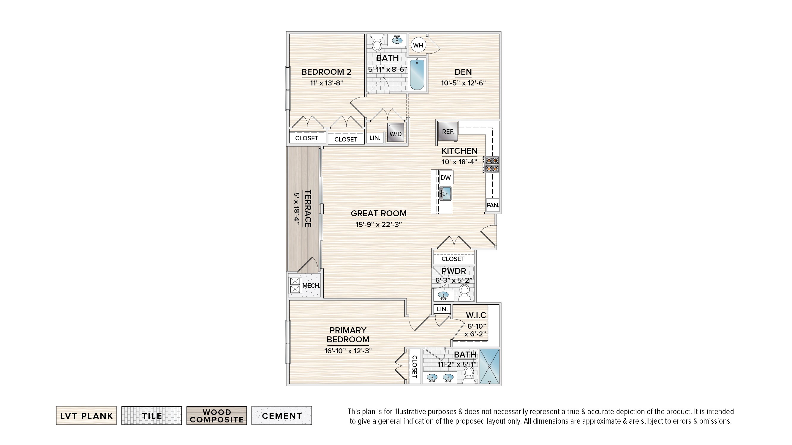 The Hayward elevator building apartment floor plan with 2 bedrooms, 2.5 baths and a terrace,,,,,,,,,,,,,,,,,,,